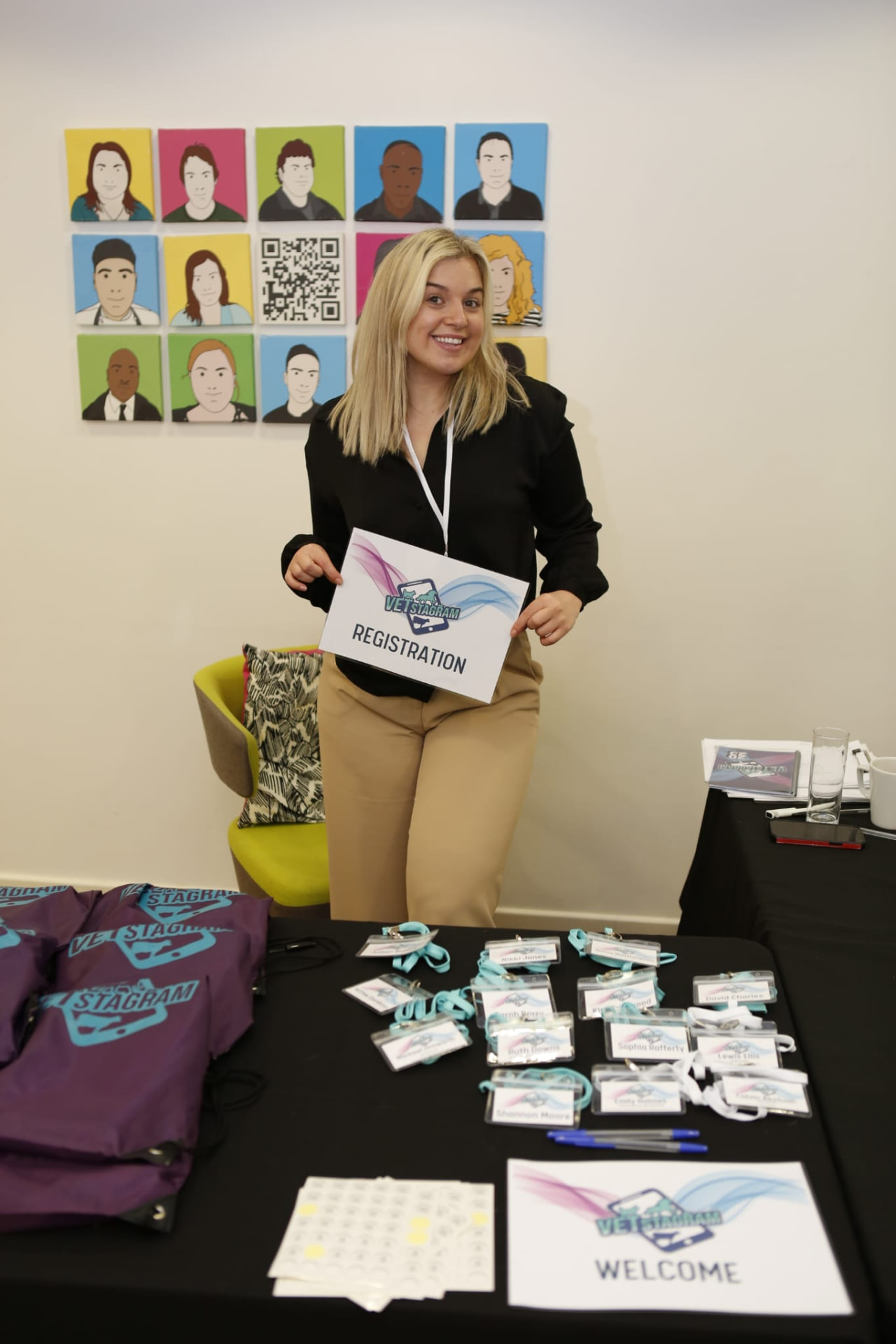 The VETstagram registration desk with name badges and tote bags